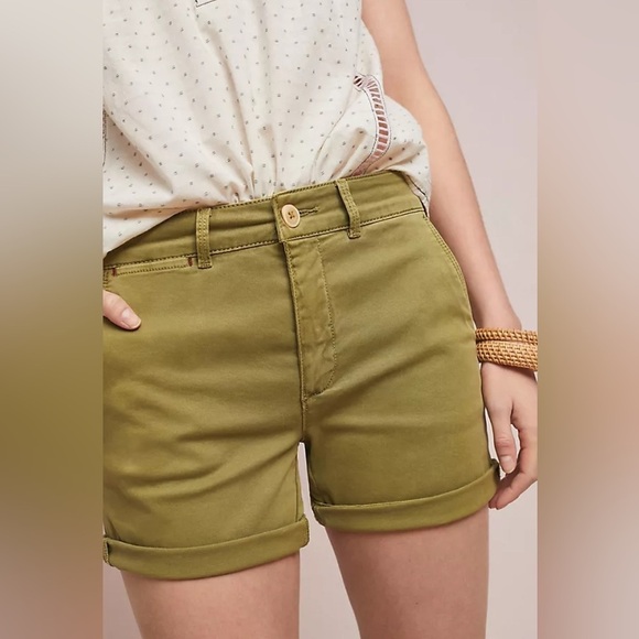 ANTHROPOLOGIE Green Mid-Rise Chino Shorts Size 26 - Picture 1 of 11
